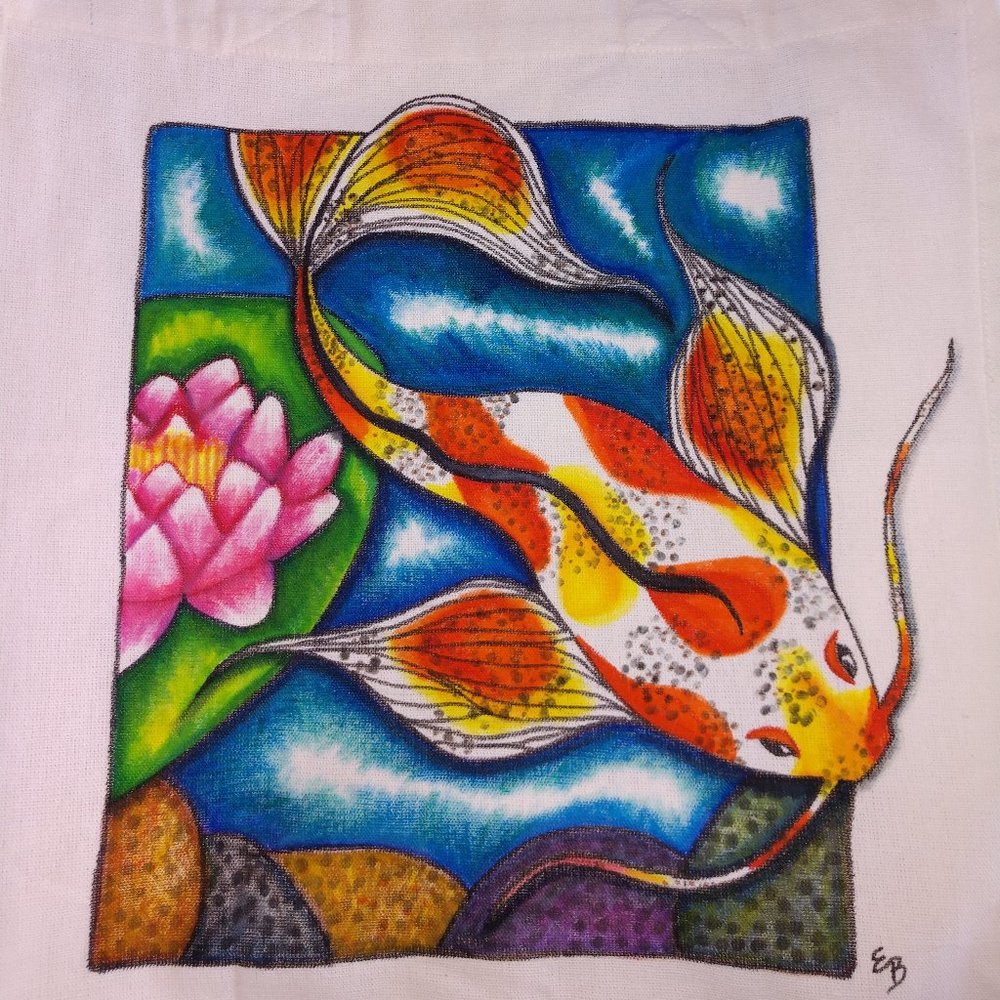 Handmade Tote Bag Hand Painted With Orange Spotted Koi Fish in Pond 14x13x7 NWT